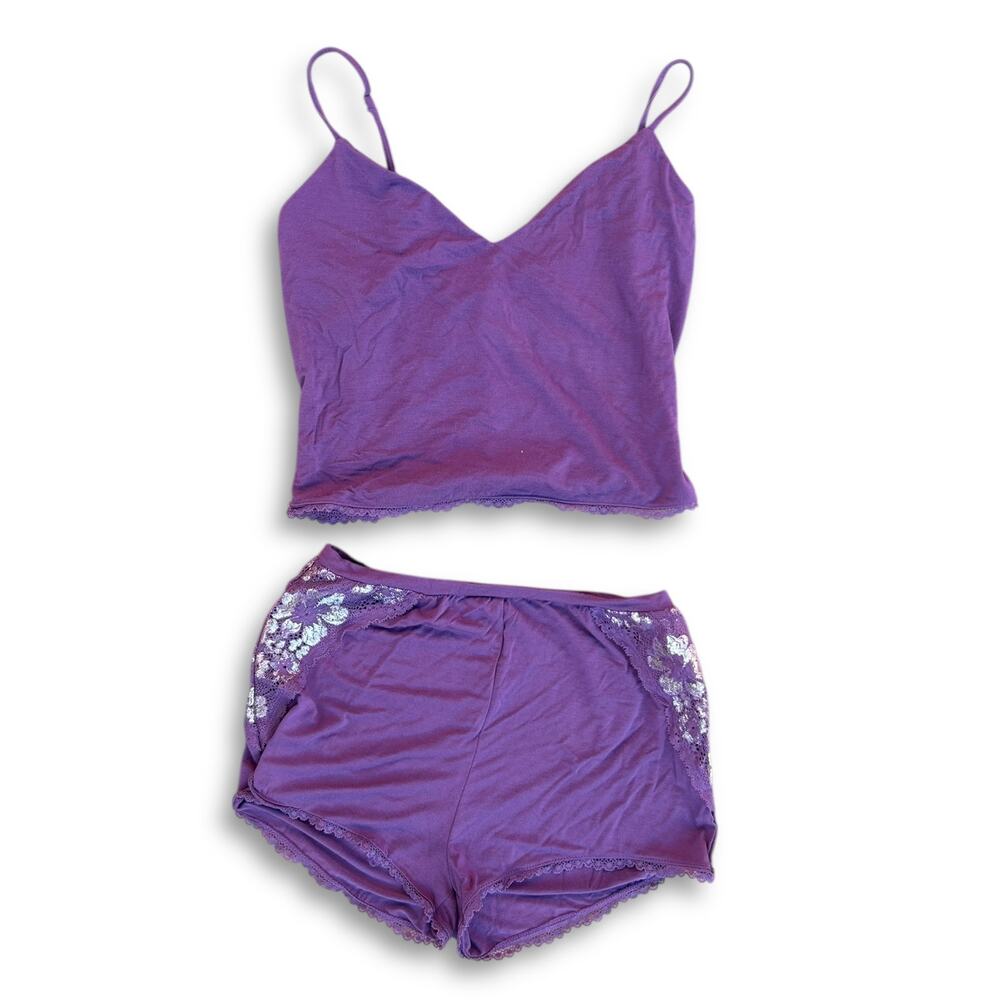 Victoria's Secret Purple & SIlver Lace Cami/Shorts Pajama Set Size S/M